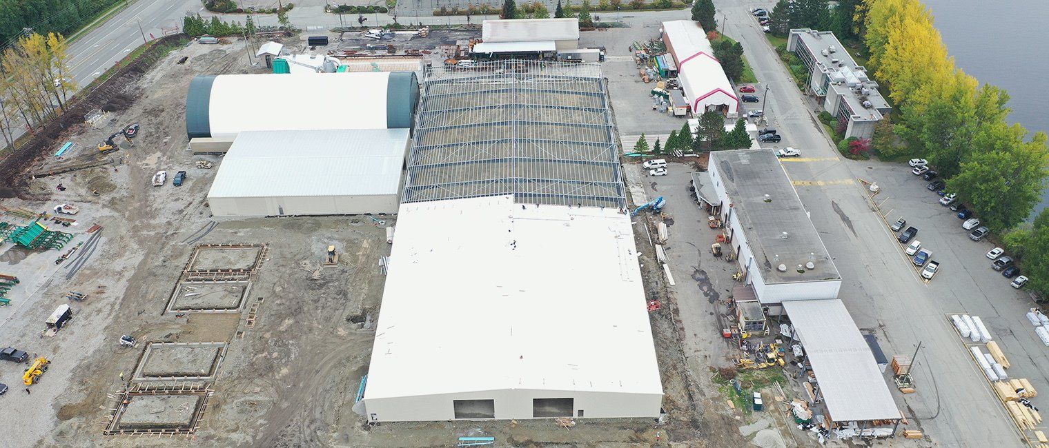 Aerial view of a steel building
