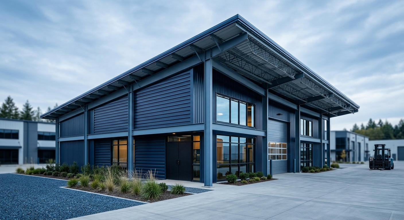 Single Slope (RCS): A single slope rigid frame is commonly used on retail centers or as a creative way of adding to an existing structure. Can be used with either cold-form purlins or open web joists.