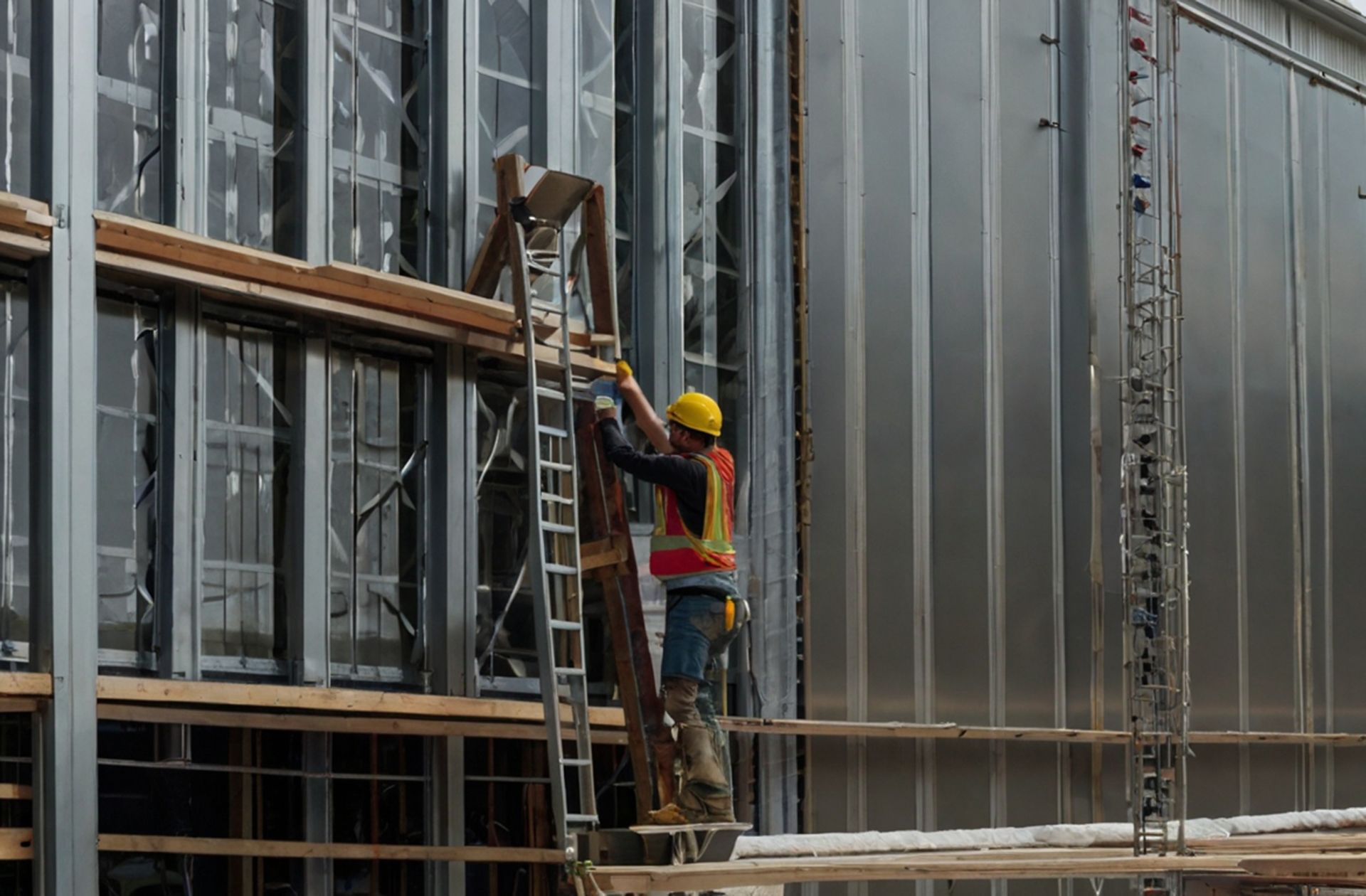 Older building getting retrofitted with new metal wall panels
