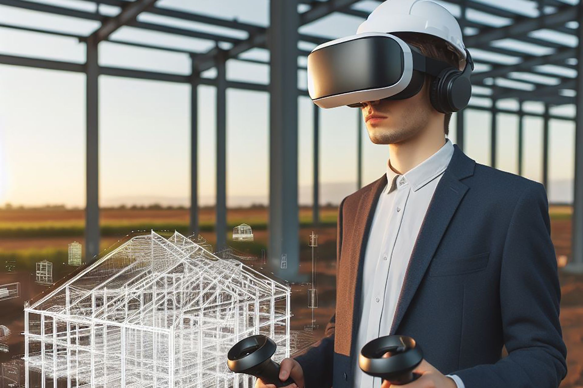 Virtual reality designer previewing a custom steel building